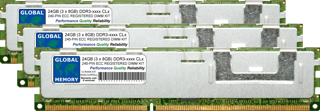 24GB (3 x 8GB) DDR3 1066/1333MHz 240-PIN ECC REGISTERED DIMM (RDIMM) MEMORY RAM KIT FOR SERVERS/WORKSTATIONS/MOTHERBOARDS (12 RANK KIT NON-CHIPKILL)